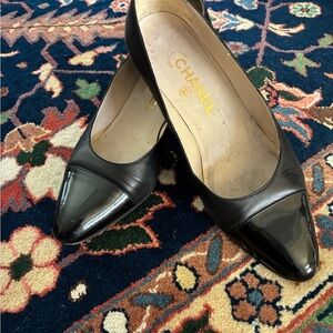 CHANEL Black Leather and Patent Toe Classic Pumps